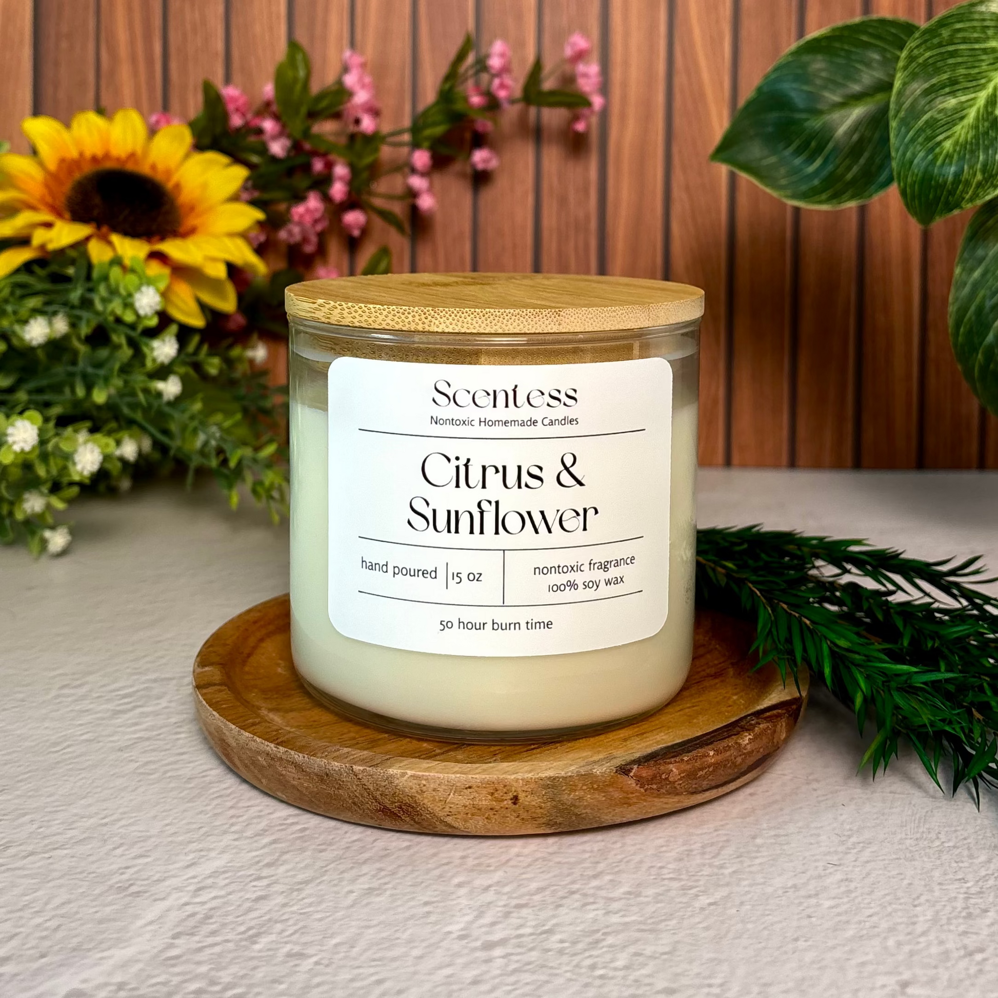 15 ounce non-toxic citrus and sunflower scented soy candle