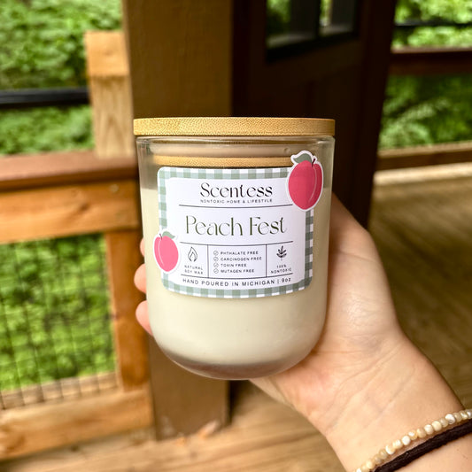 Peach Scented Nontoxic 9 oz Candle pink and green